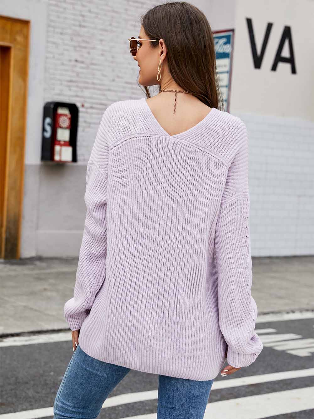 Women's  Relaxed Fit V-Neck Long Sleeve Knit Sweater | NCS