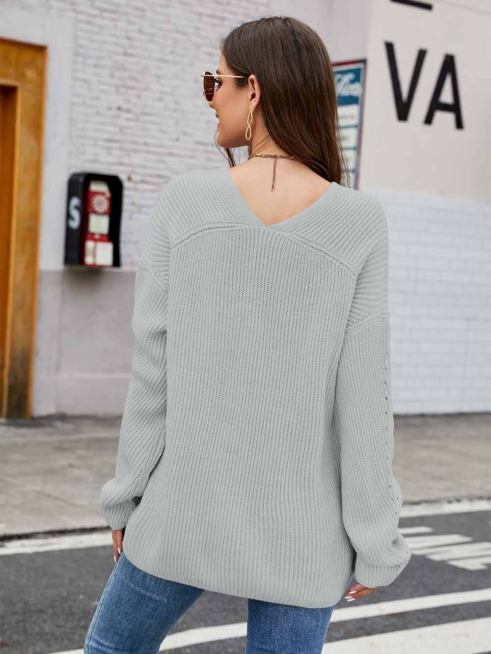 Women's  Relaxed Fit V-Neck Long Sleeve Knit Sweater | NCS