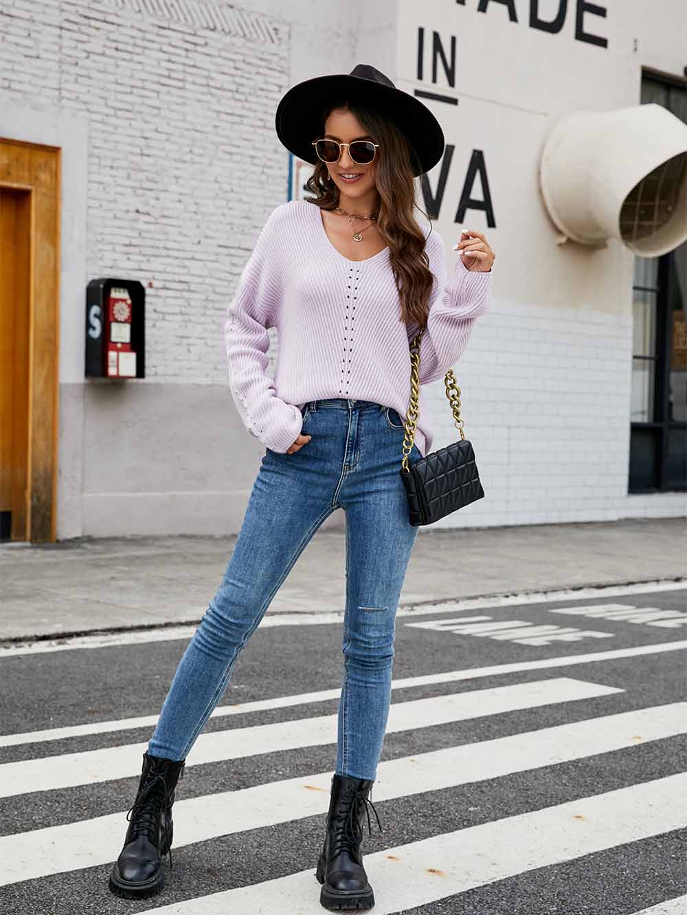 Women's  Relaxed Fit V-Neck Long Sleeve Knit Sweater | NCS