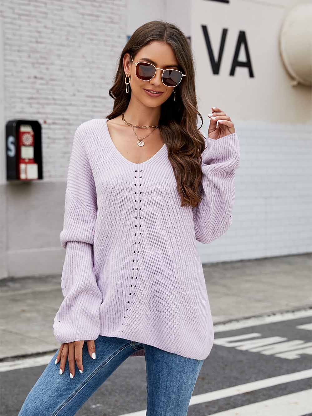 Women's  Relaxed Fit V-Neck Long Sleeve Knit Sweater | NCS