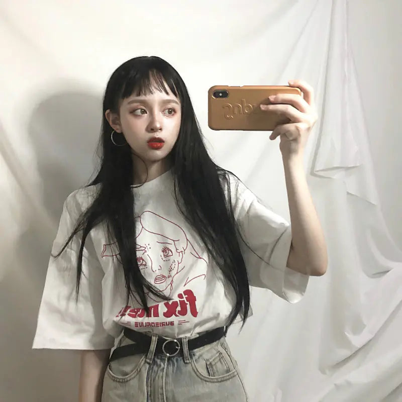 Loose Cartoon Girl Short Sleeve T-Shirt for Summer - # GIAA23510027