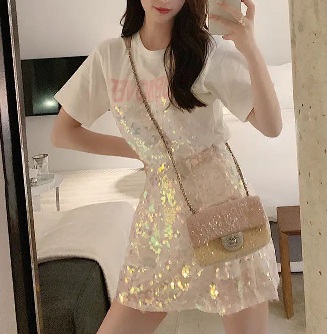 Sequined Two-Piece Set: High-Waisted Skirt & Tee - # GIAA23310007