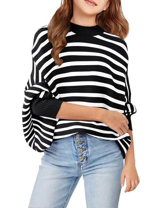 Haloumoning Girls Oversized Striped Sweater Kids Fashion Batwing Sleeve Ribbed Knit Pullover Tops_9-10 Years Black&White - # GIAA22210002