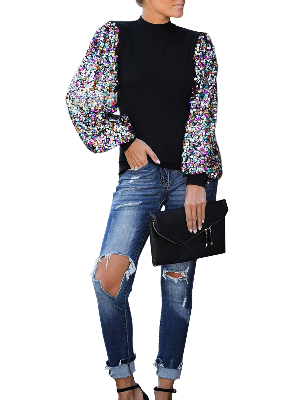 Sequin Balloon Long Sleeve Mock Neck Pullover