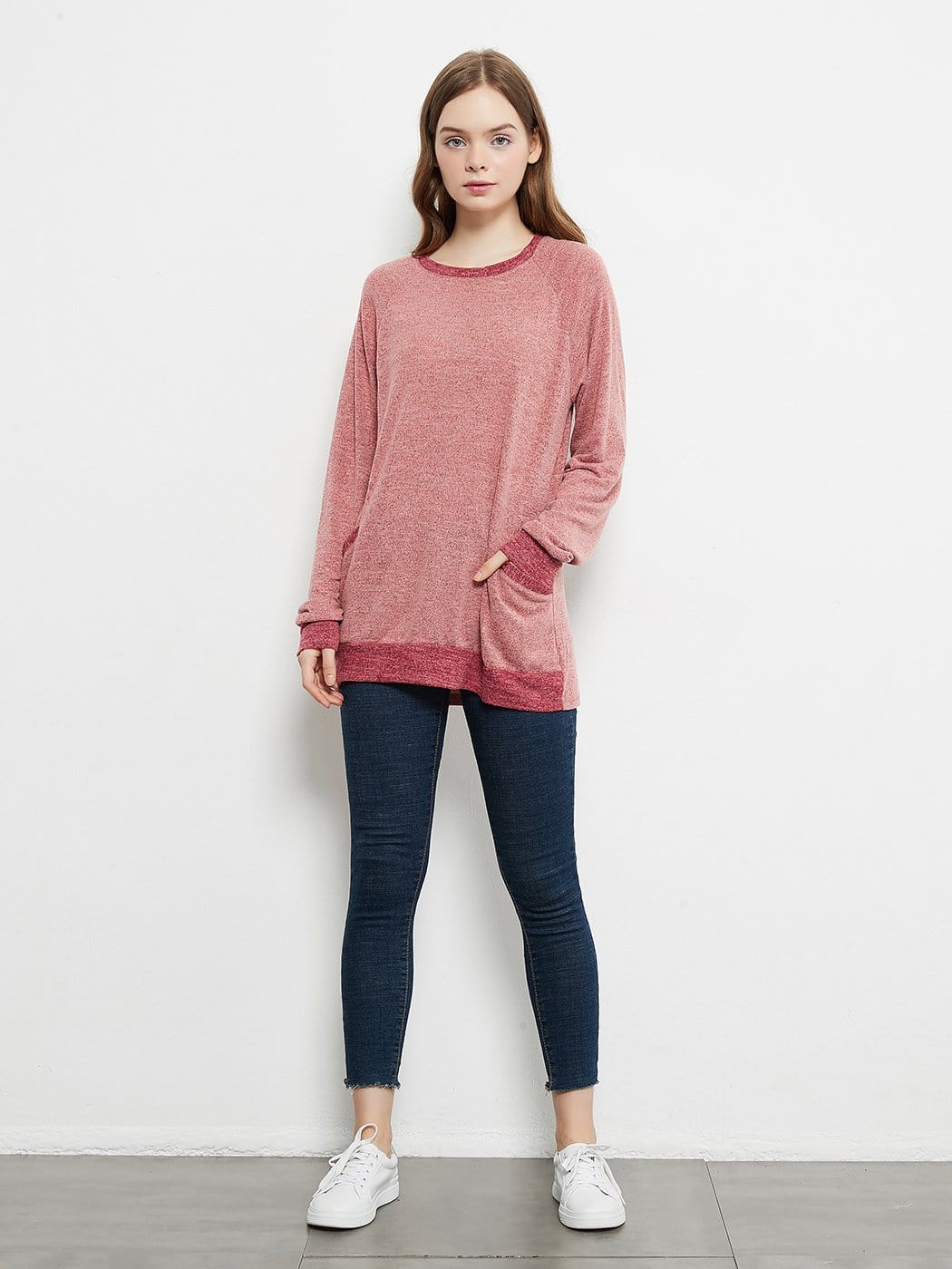 Long Sleeve Round Neck Casual T Shirts Blouses Sweatshirts Tunic Tops with Pocket