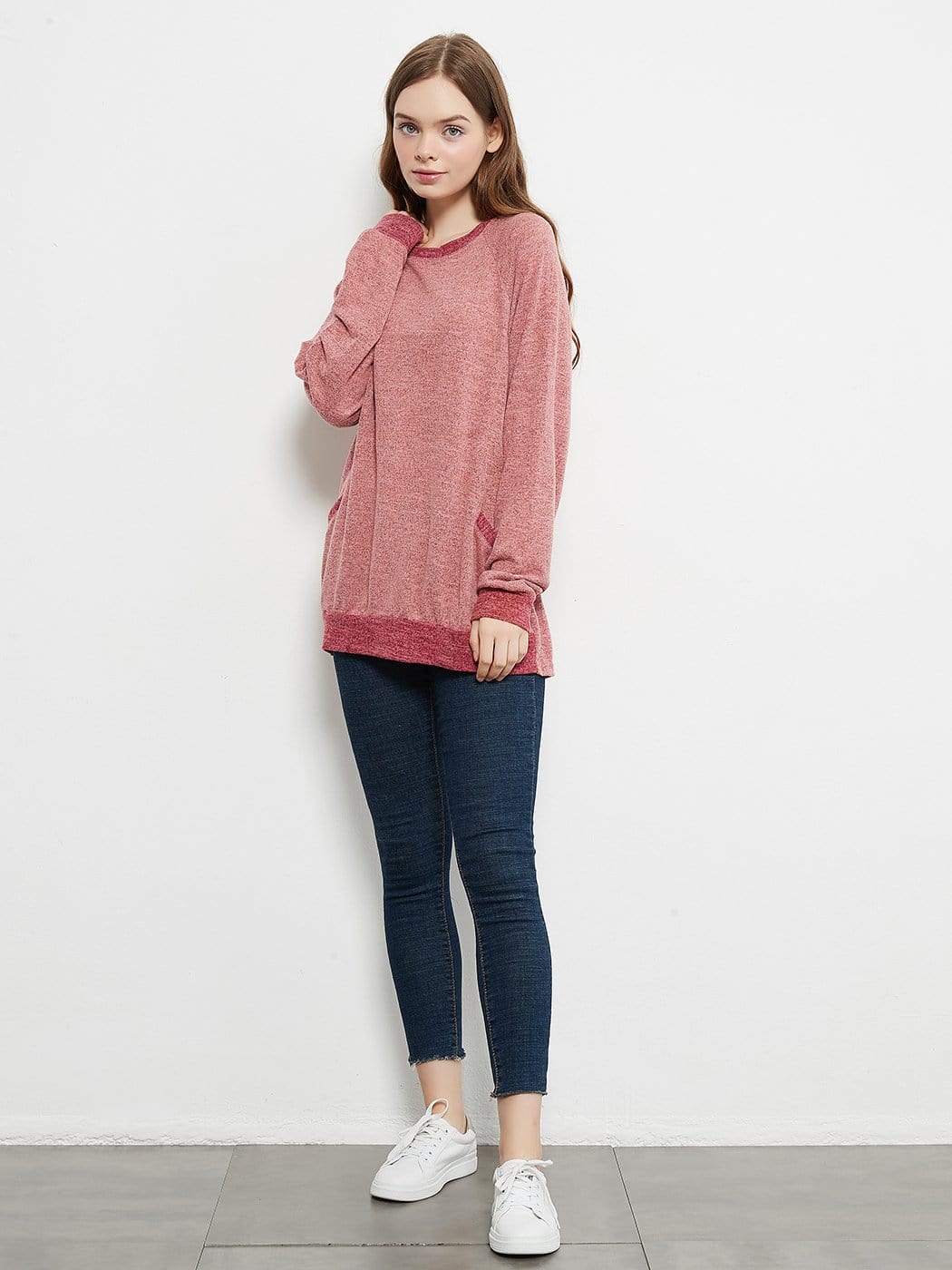 Long Sleeve Round Neck Casual T Shirts Blouses Sweatshirts Tunic Tops with Pocket