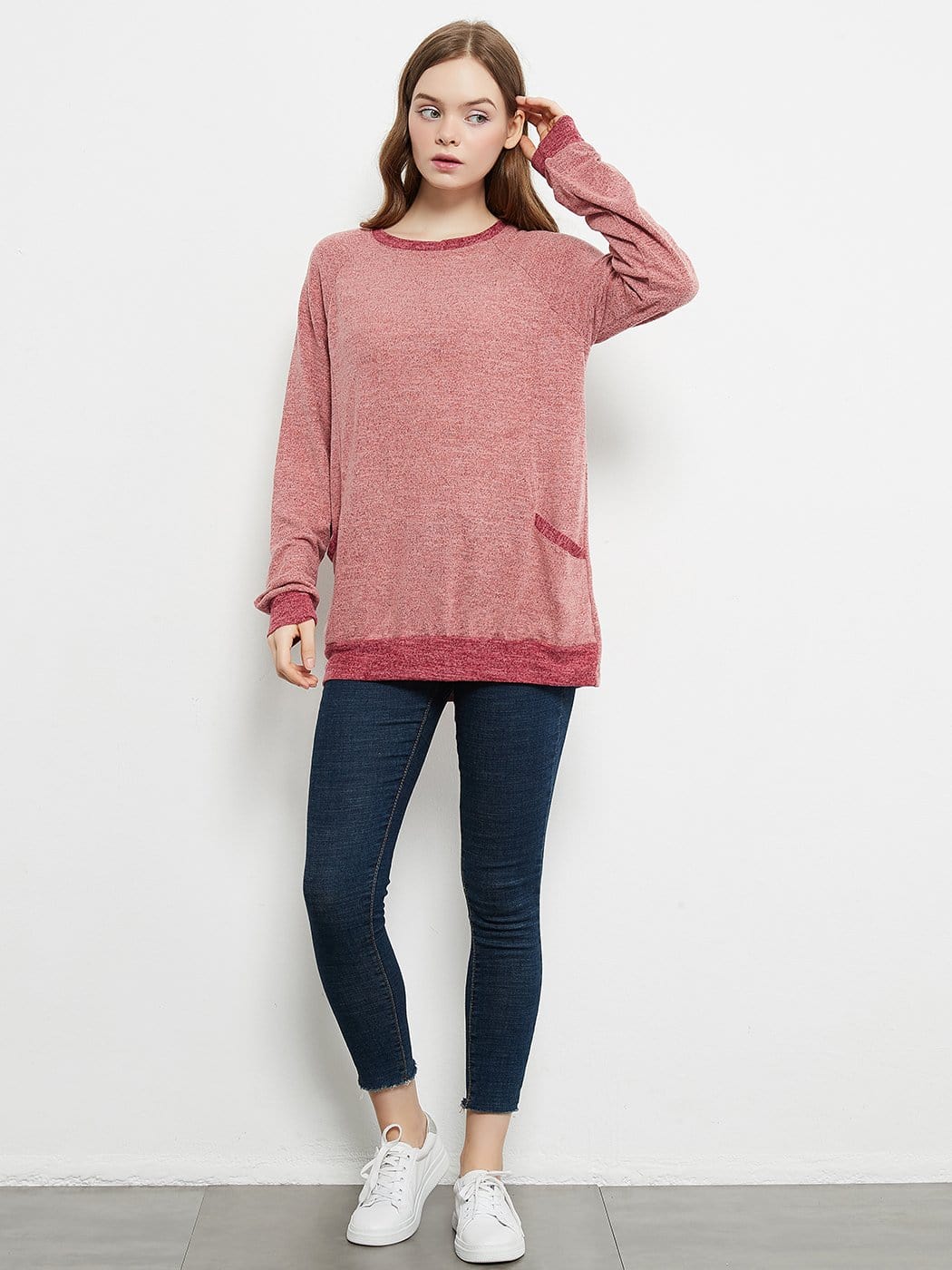 Long Sleeve Round Neck Casual T Shirts Blouses Sweatshirts Tunic Tops with Pocket