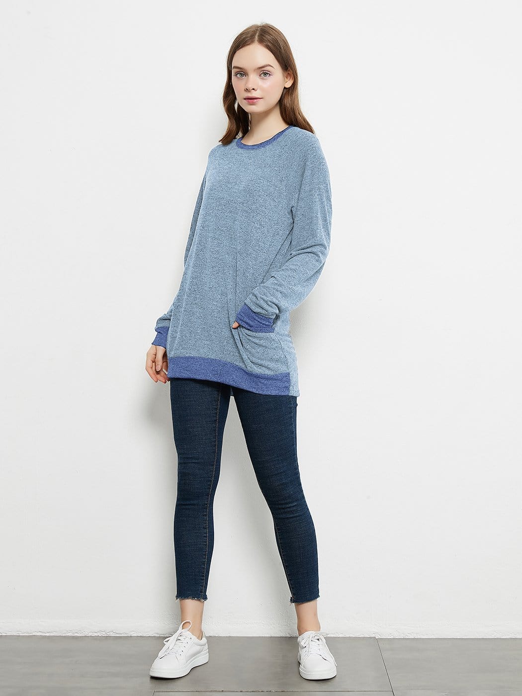 Long Sleeve Round Neck Casual T Shirts Blouses Sweatshirts Tunic Tops with Pocket