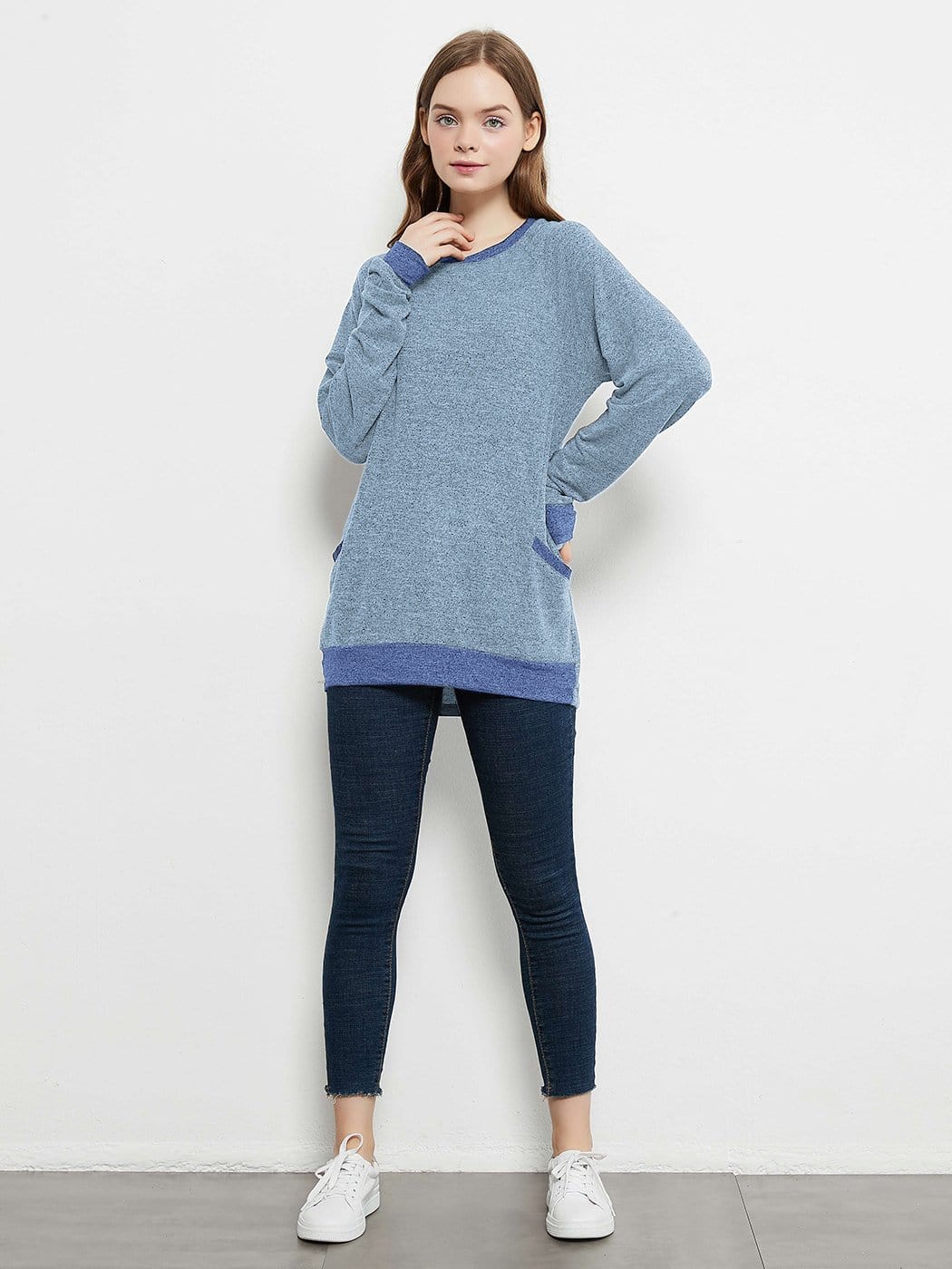 Long Sleeve Round Neck Casual T Shirts Blouses Sweatshirts Tunic Tops with Pocket