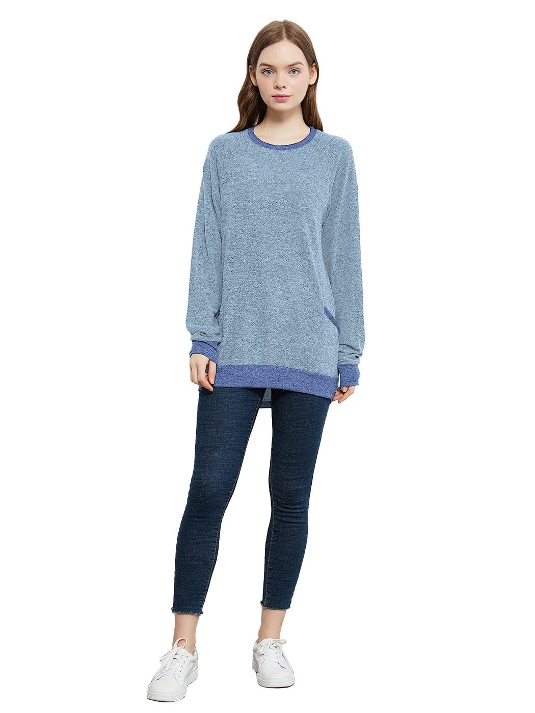 Long Sleeve Round Neck Casual T Shirts Blouses Sweatshirts Tunic Tops with Pocket