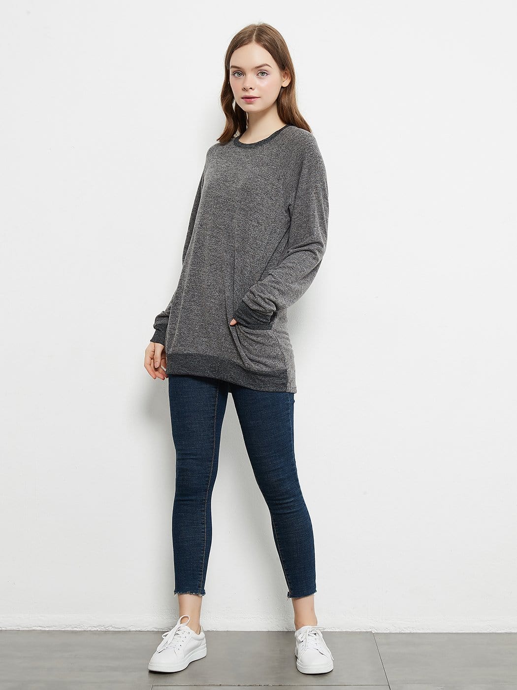 Long Sleeve Round Neck Casual T Shirts Blouses Sweatshirts Tunic Tops with Pocket