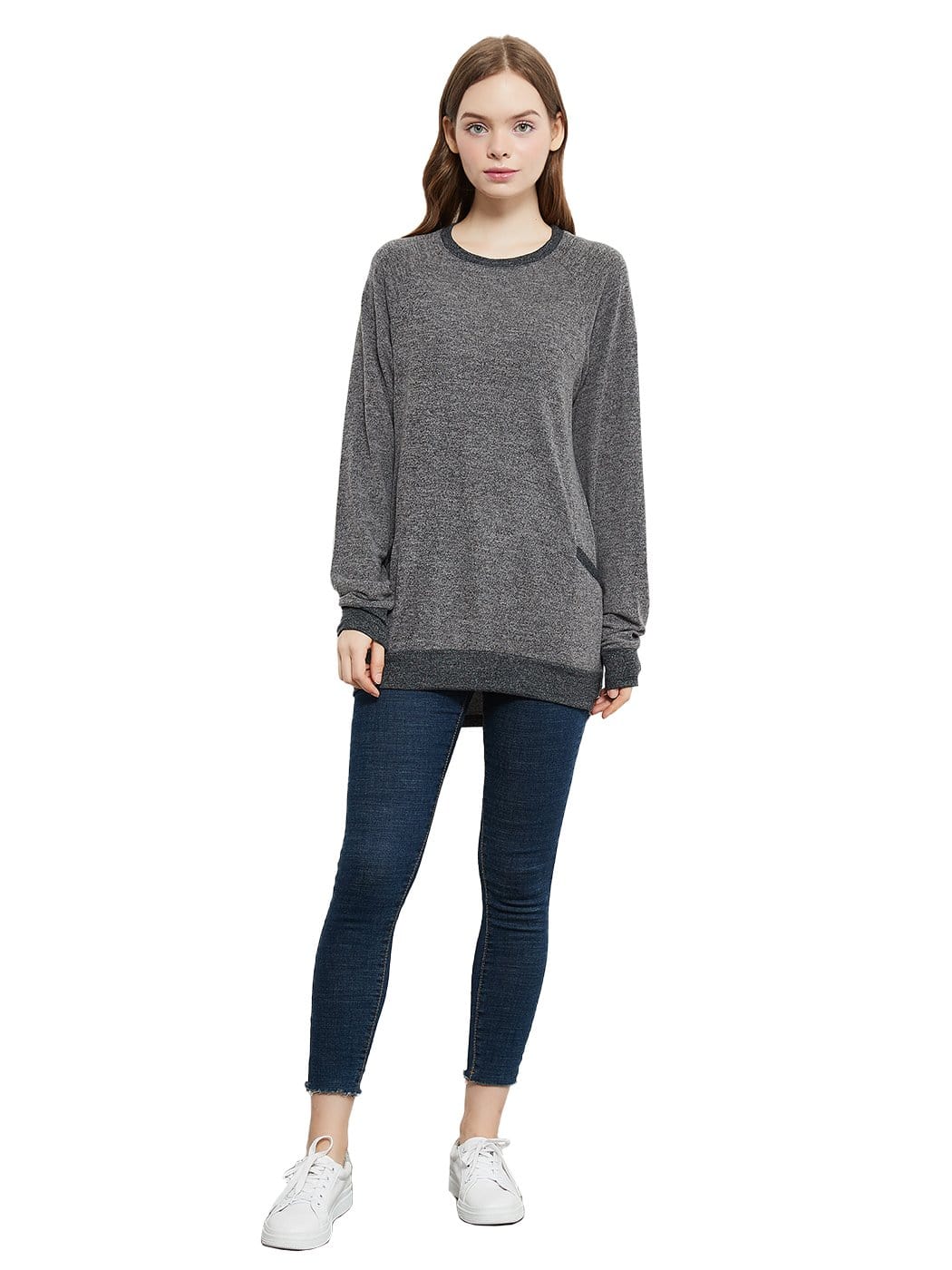 Long Sleeve Round Neck Casual T Shirts Blouses Sweatshirts Tunic Tops with Pocket