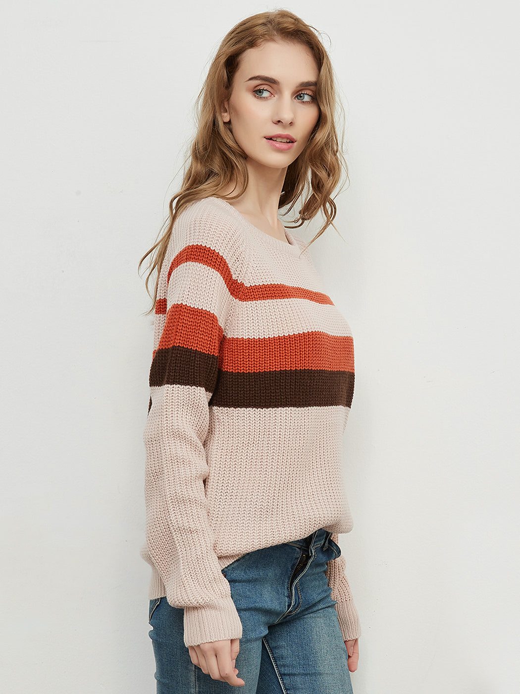 Long Sleeve Color Block Striped Casual Pullover Sweater