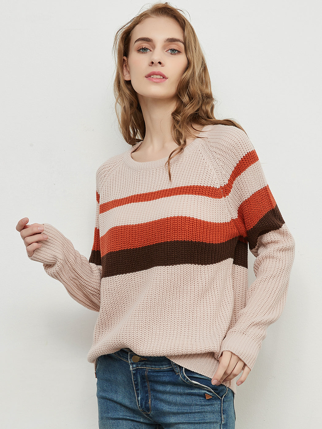 Long Sleeve Color Block Striped Casual Pullover Sweater