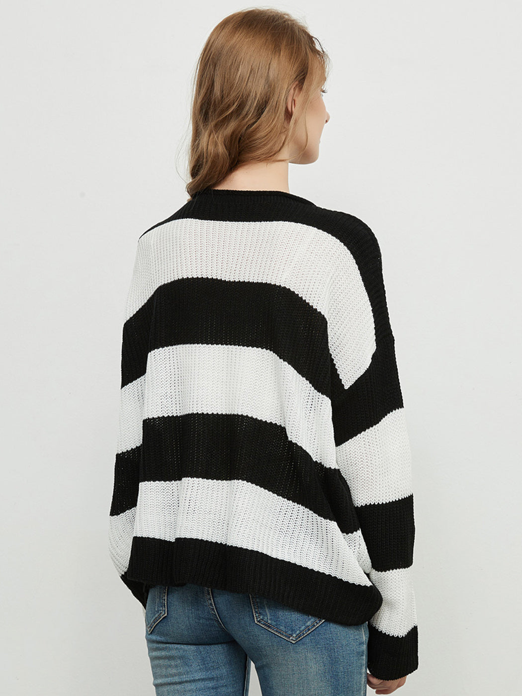 Women Striped Knitted Sweater Crew Neck Long Sleeve Casual Comfy Pullover Tops