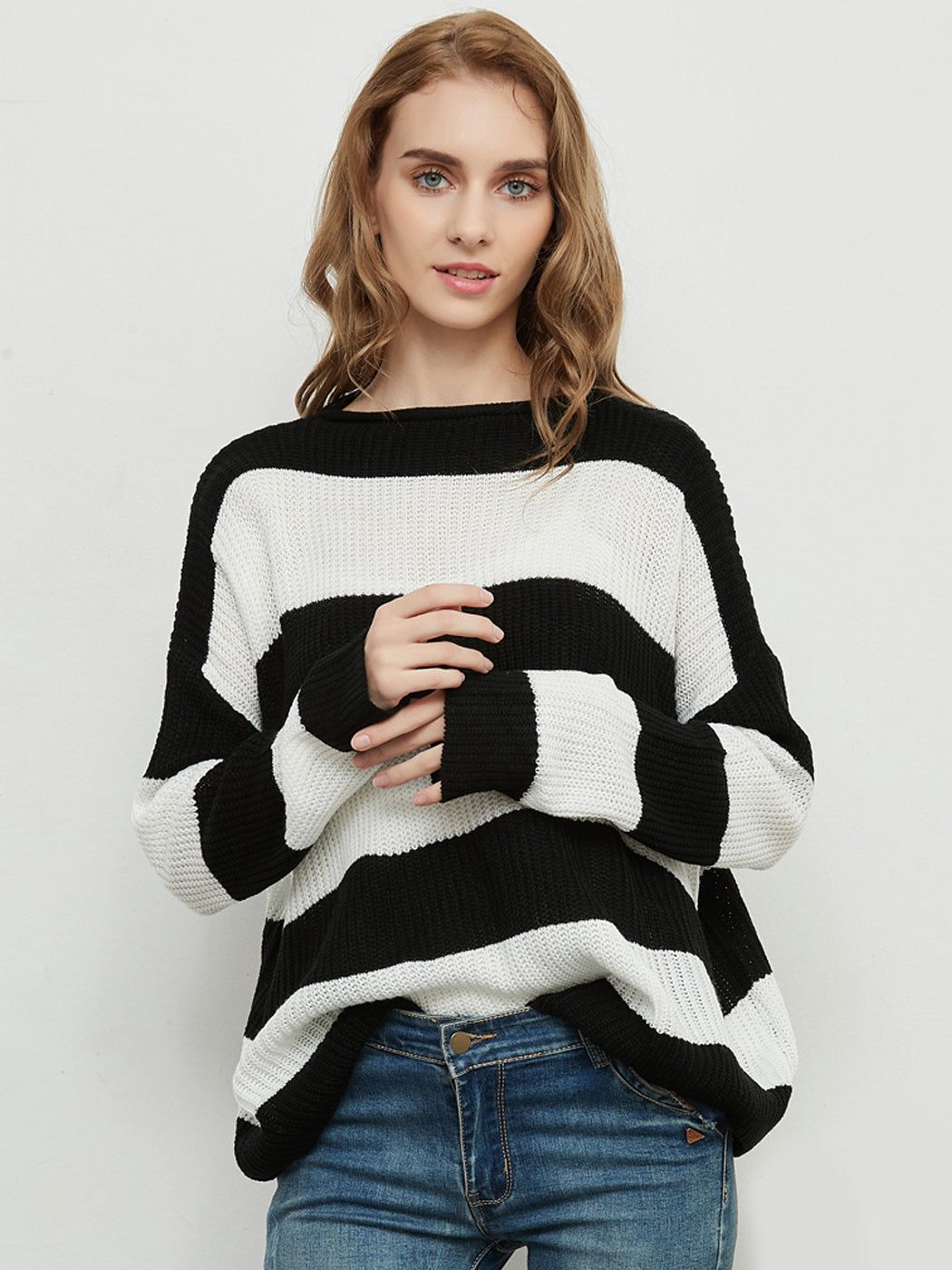 Women Striped Knitted Sweater Crew Neck Long Sleeve Casual Comfy Pullover Tops