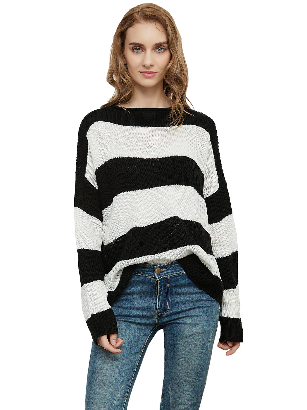 Women Striped Knitted Sweater Crew Neck Long Sleeve Casual Comfy Pullover Tops