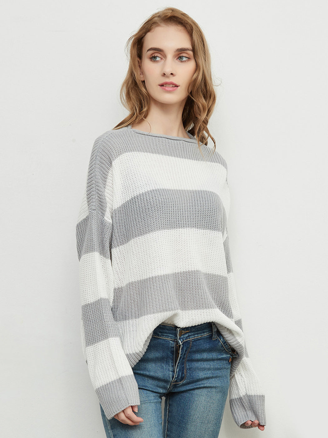Women Striped Knitted Sweater Crew Neck Long Sleeve Casual Comfy Pullover Tops