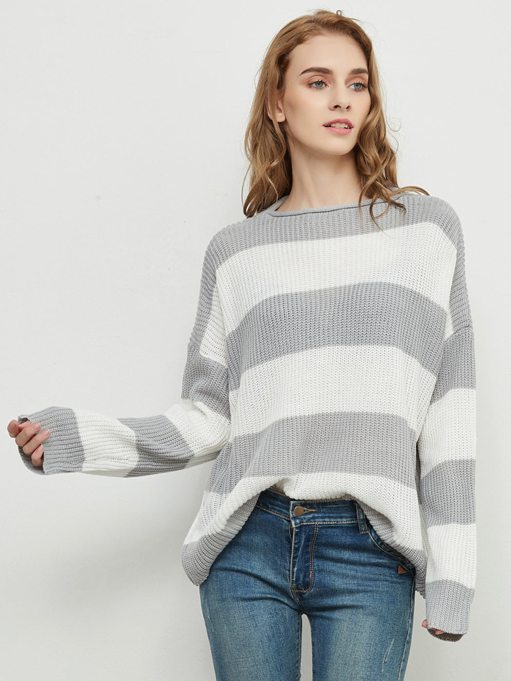Women Striped Knitted Sweater Crew Neck Long Sleeve Casual Comfy Pullover Tops