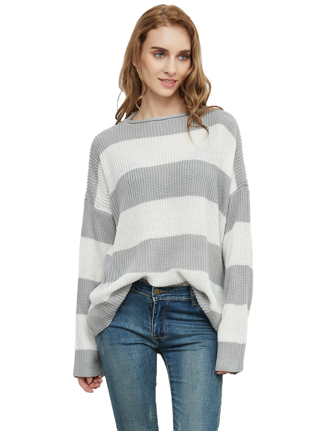 Women Striped Knitted Sweater Crew Neck Long Sleeve Casual Comfy Pullover Tops