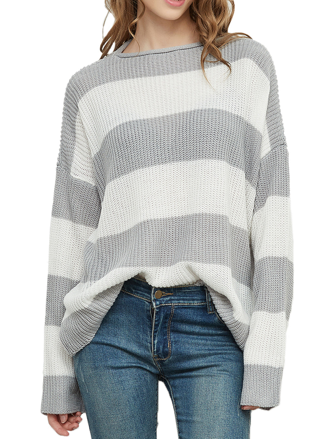 Women Striped Knitted Sweater Crew Neck Long Sleeve Casual Comfy Pullover Tops