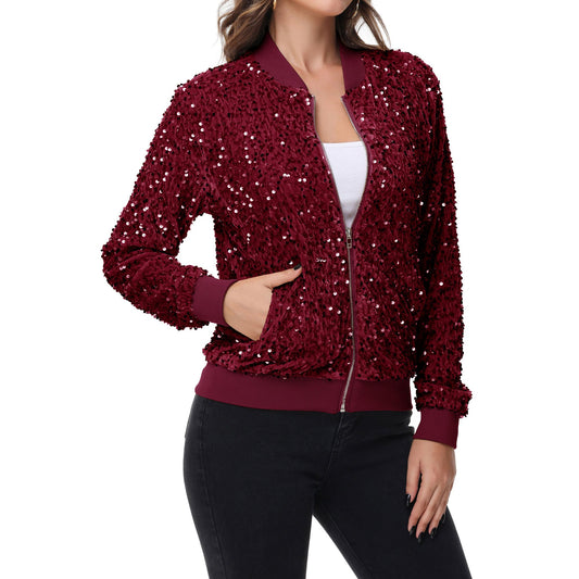 Sequin Bomber Jacket Zip Front Ribbed Cuffs and Hem Pockets