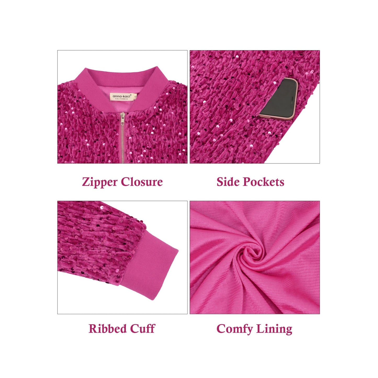 Sequin Bomber Jacket Zip Front Ribbed Cuffs and Hem Pockets