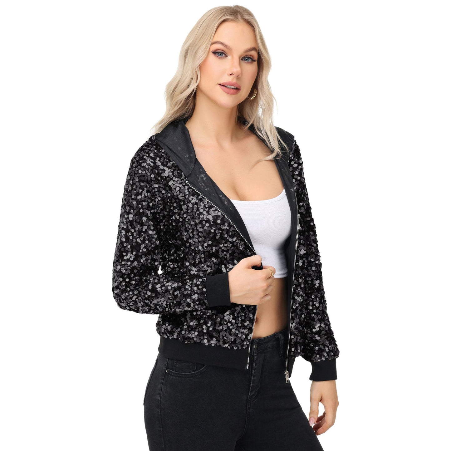 Zip-Up Hoodie Jacket with Allover Sequin Embellishments and Ribbed Trim