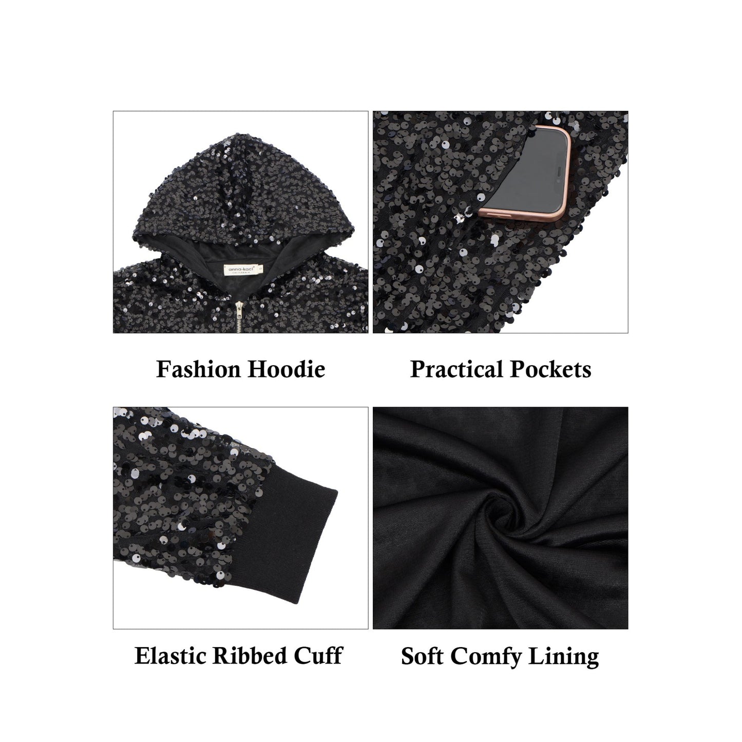 Zip-Up Hoodie Jacket with Allover Sequin Embellishments and Ribbed Trim