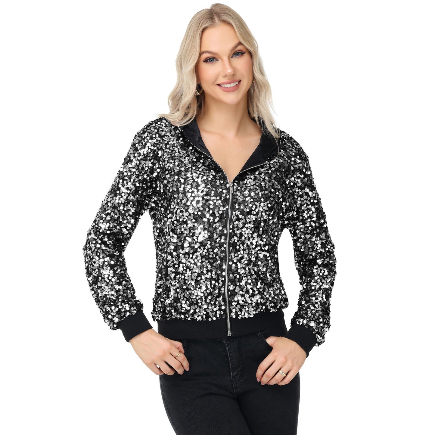 Zip-Up Hoodie Jacket with Allover Sequin Embellishments and Ribbed Trim