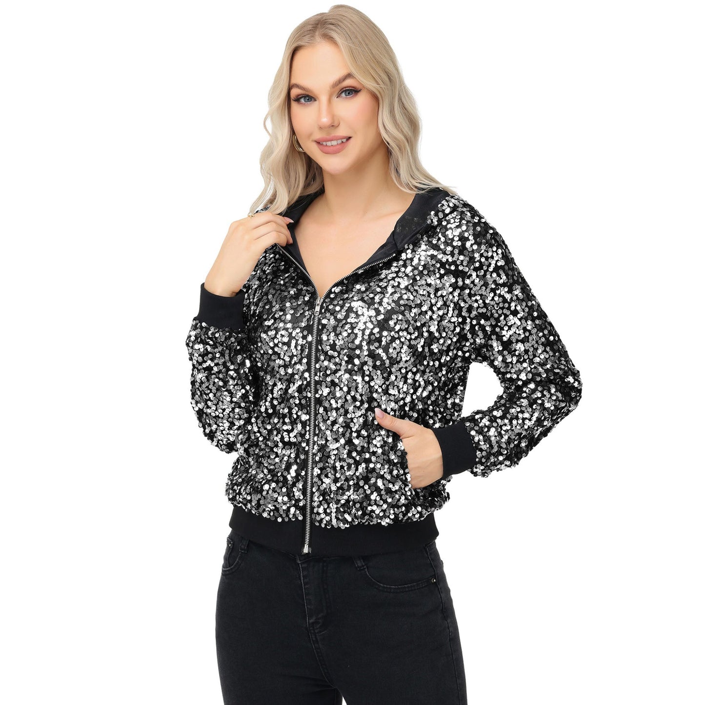 Zip-Up Hoodie Jacket with Allover Sequin Embellishments and Ribbed Trim