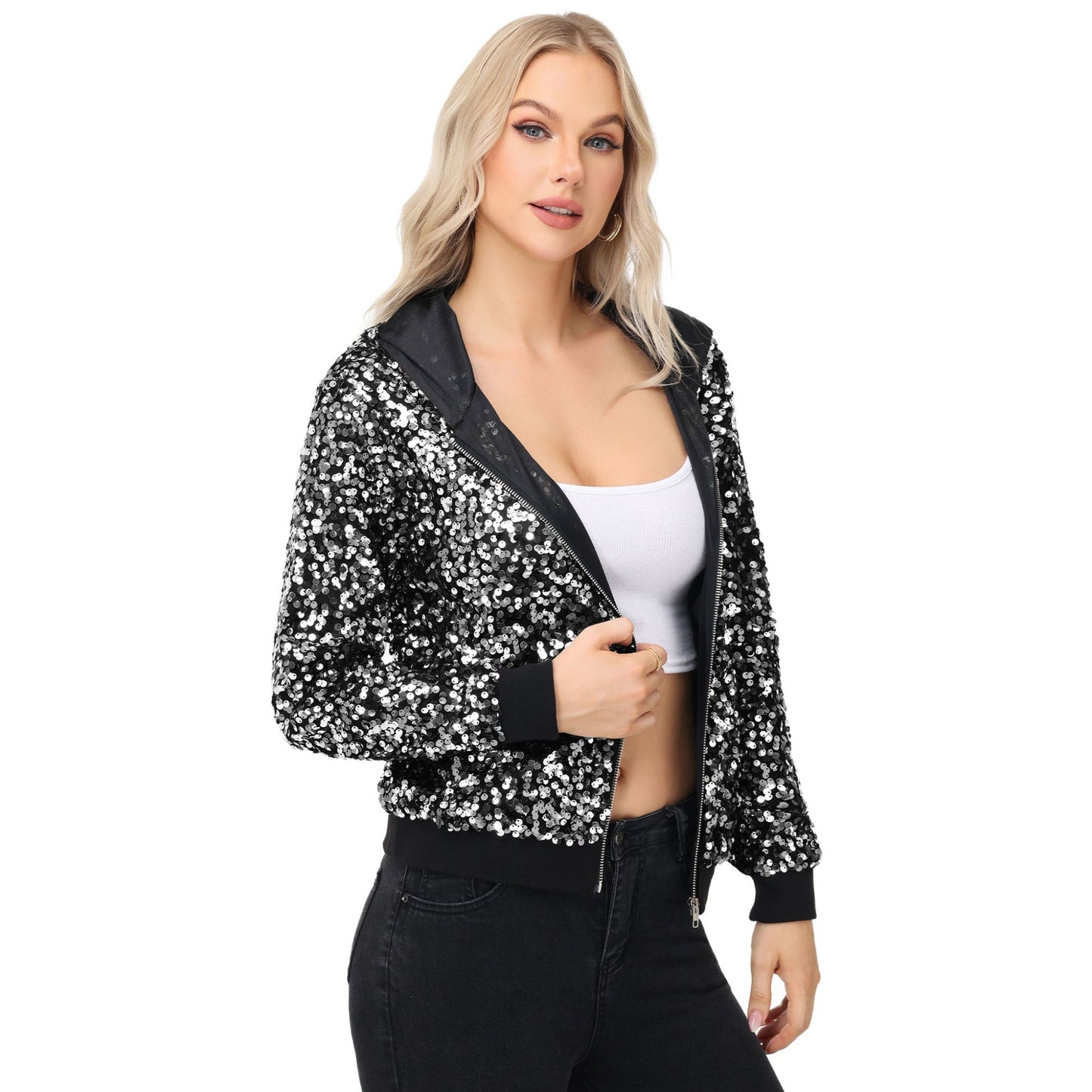 Zip-Up Hoodie Jacket with Allover Sequin Embellishments and Ribbed Trim