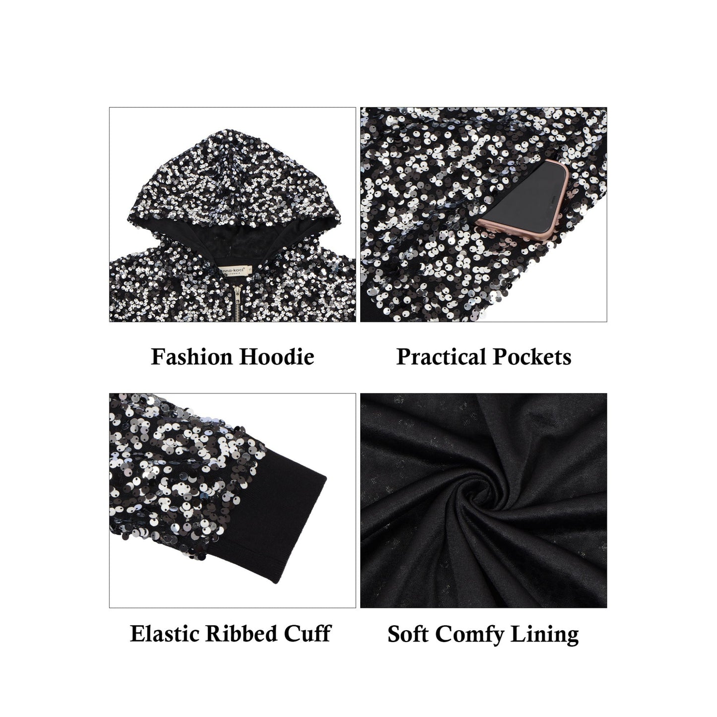 Zip-Up Hoodie Jacket with Allover Sequin Embellishments and Ribbed Trim