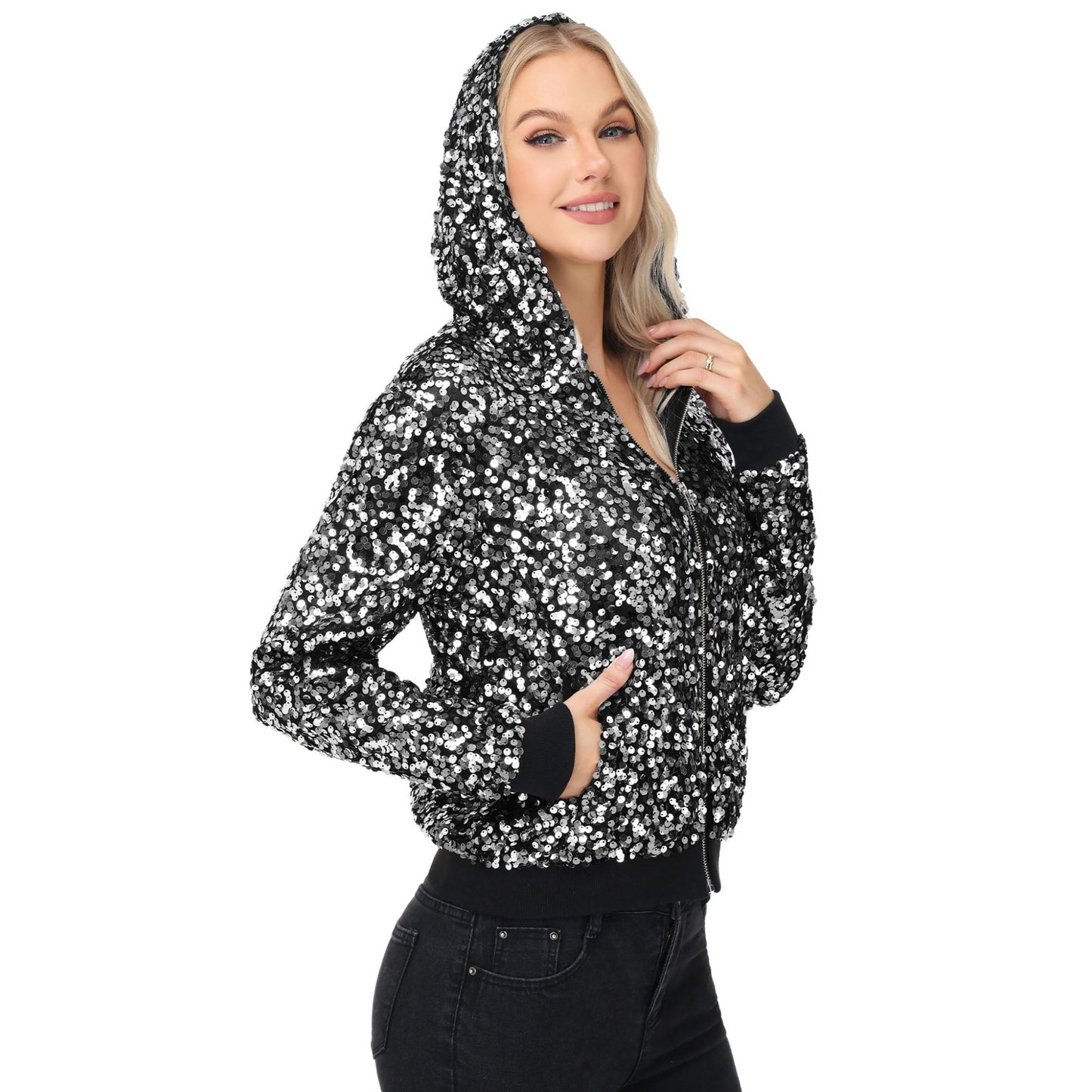 Zip-Up Hoodie Jacket with Allover Sequin Embellishments and Ribbed Trim