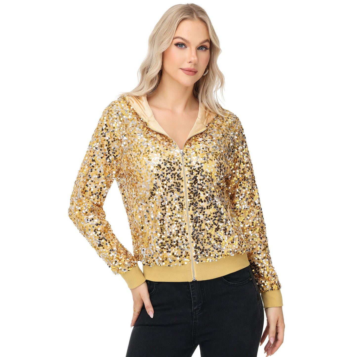 Zip-Up Hoodie Jacket with Allover Sequin Embellishments and Ribbed Trim