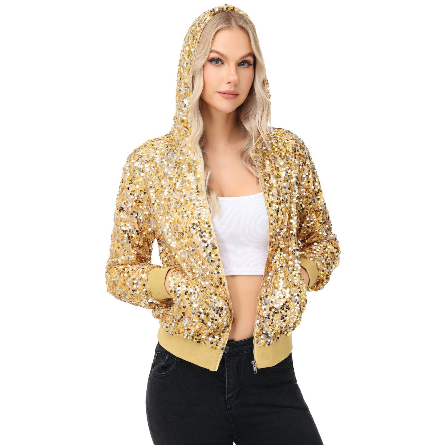 Zip-Up Hoodie Jacket with Allover Sequin Embellishments and Ribbed Trim