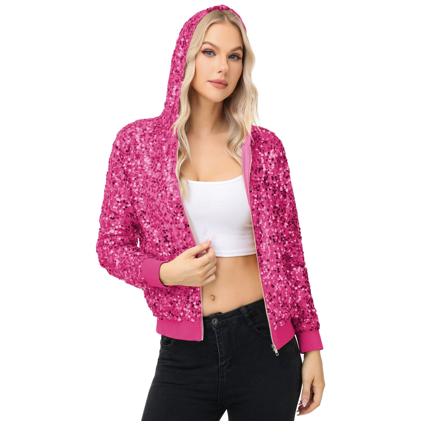 Zip-Up Hoodie Jacket with Allover Sequin Embellishments and Ribbed Trim