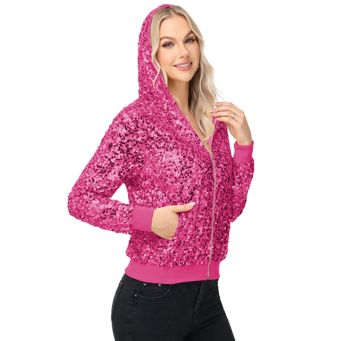 Zip-Up Hoodie Jacket with Allover Sequin Embellishments and Ribbed Trim