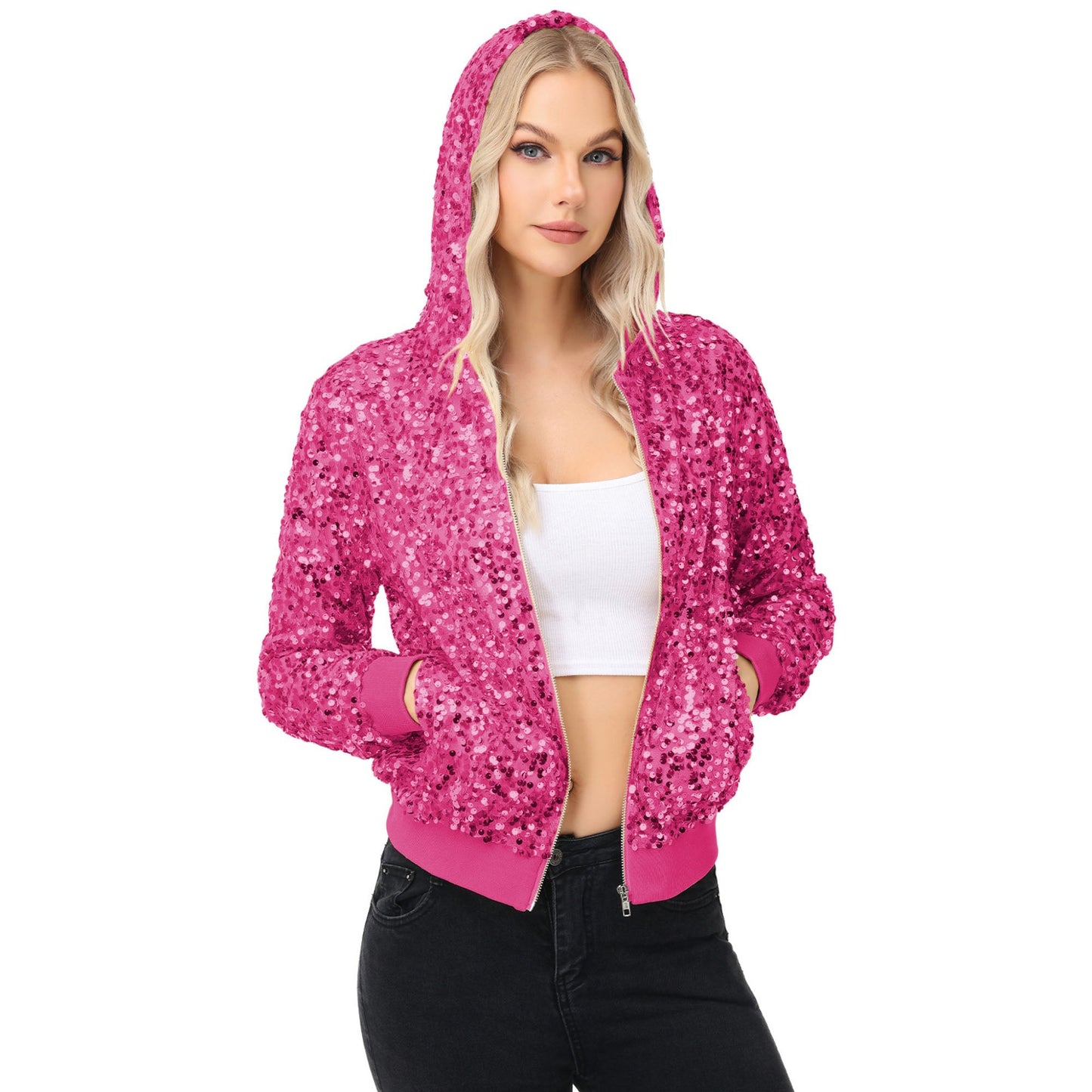 Zip-Up Hoodie Jacket with Allover Sequin Embellishments and Ribbed Trim