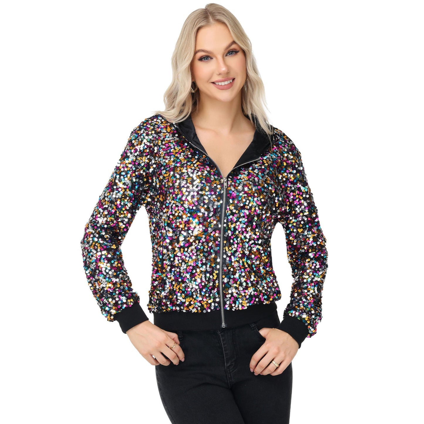 Zip-Up Hoodie Jacket with Allover Sequin Embellishments and Ribbed Trim