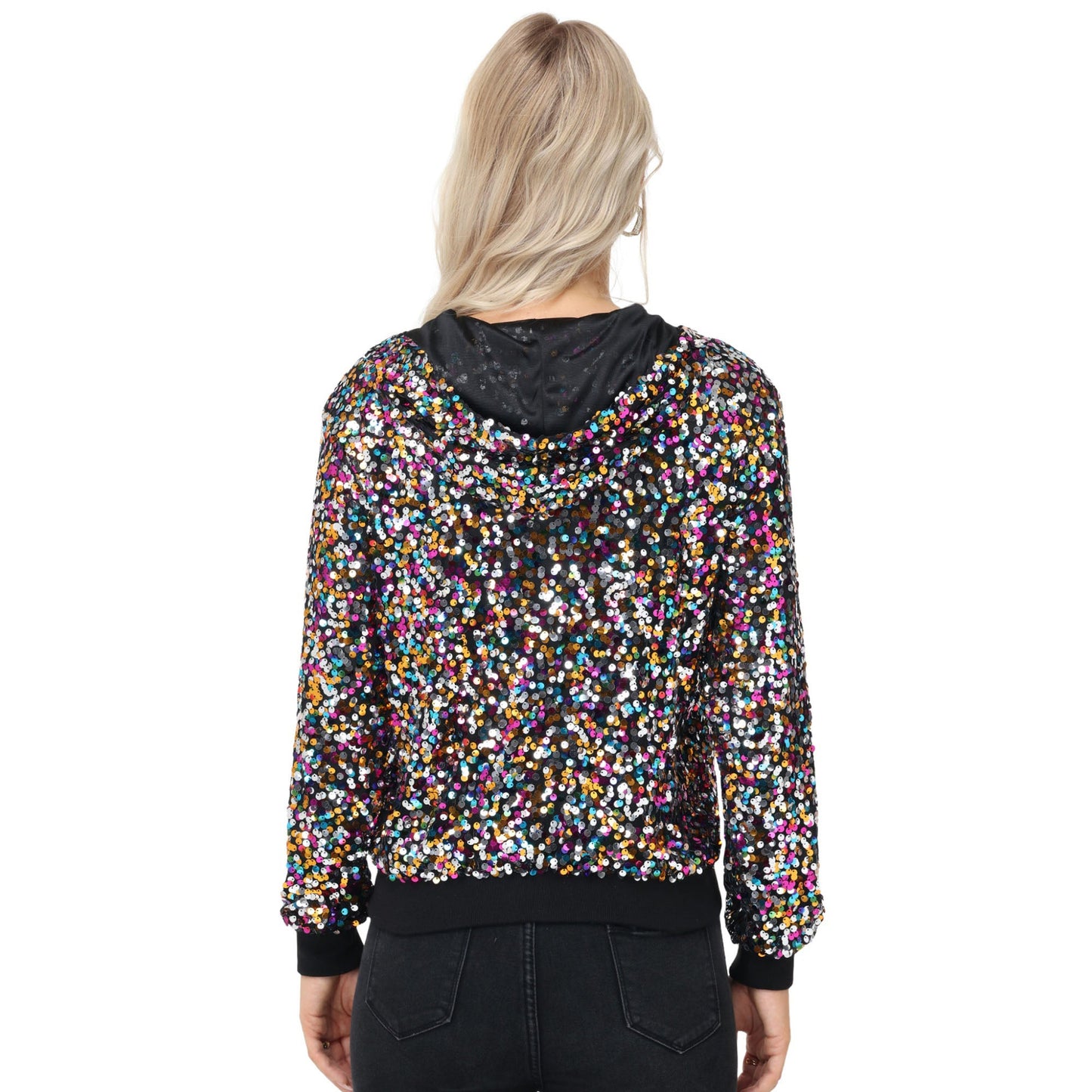 Zip-Up Hoodie Jacket with Allover Sequin Embellishments and Ribbed Trim