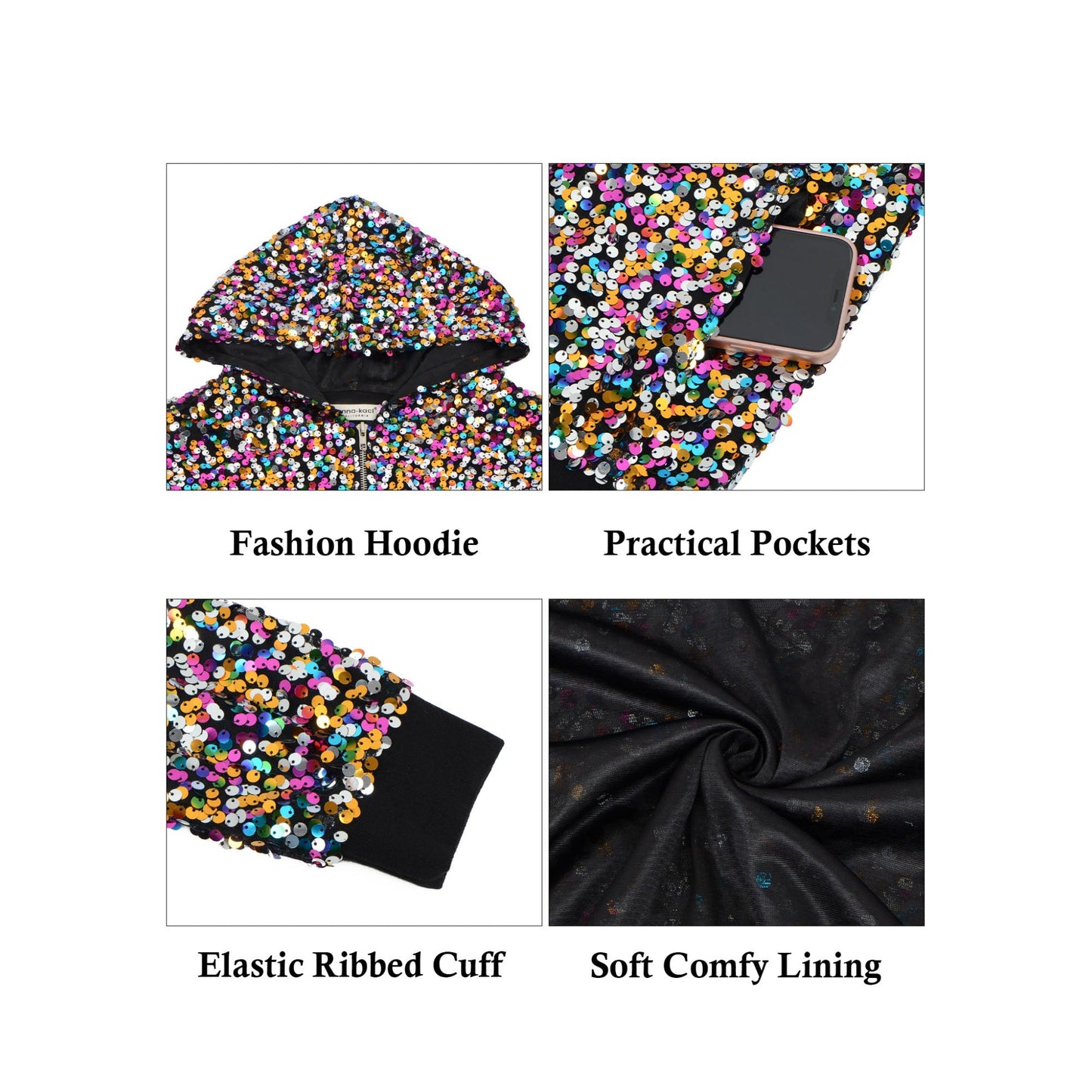 Zip-Up Hoodie Jacket with Allover Sequin Embellishments and Ribbed Trim