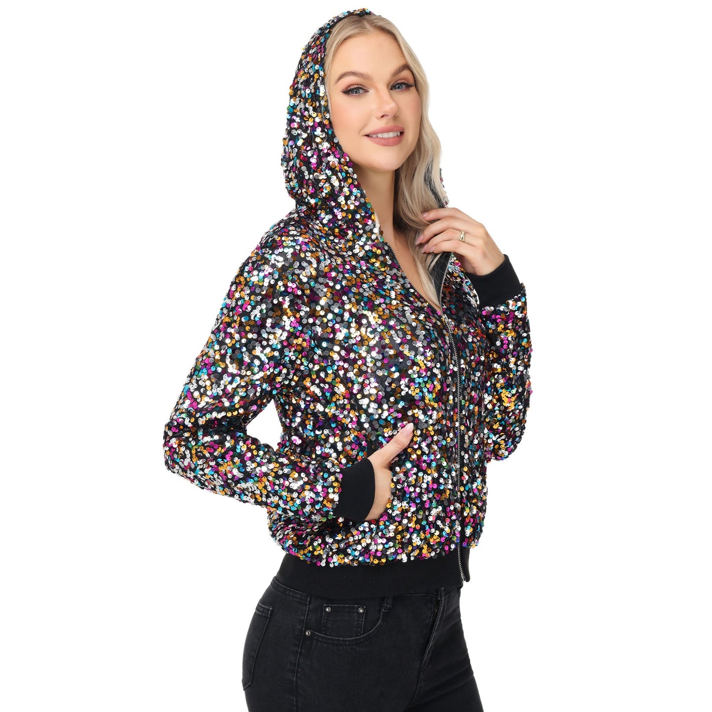 Zip-Up Hoodie Jacket with Allover Sequin Embellishments and Ribbed Trim