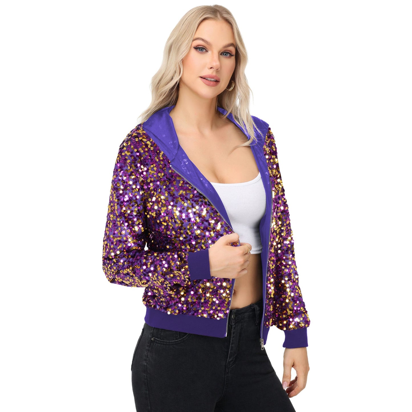 Zip-Up Hoodie Jacket with Allover Sequin Embellishments and Ribbed Trim