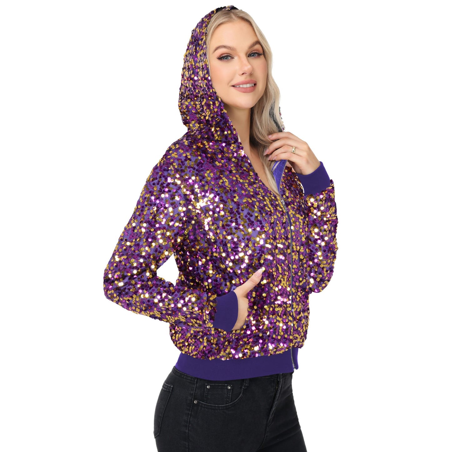 Zip-Up Hoodie Jacket with Allover Sequin Embellishments and Ribbed Trim