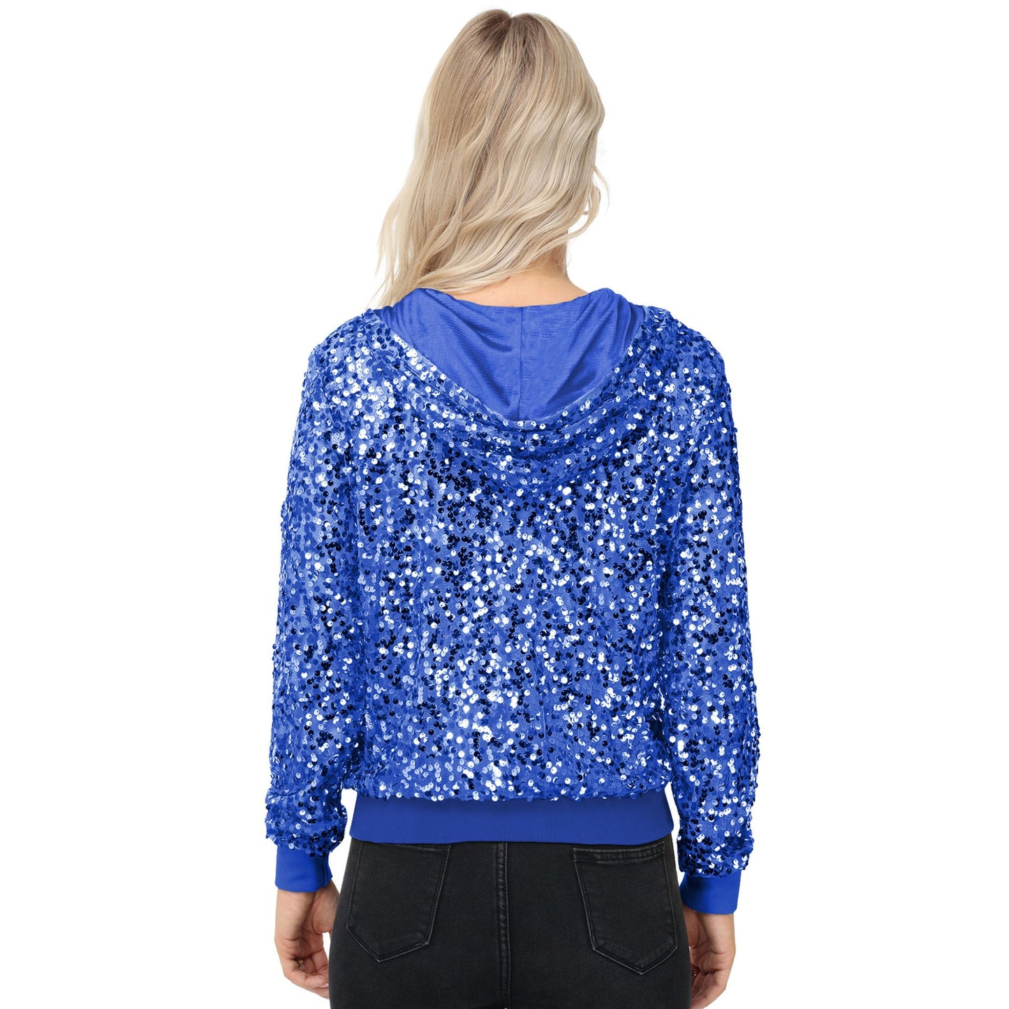 Zip-Up Hoodie Jacket with Allover Sequin Embellishments and Ribbed Trim