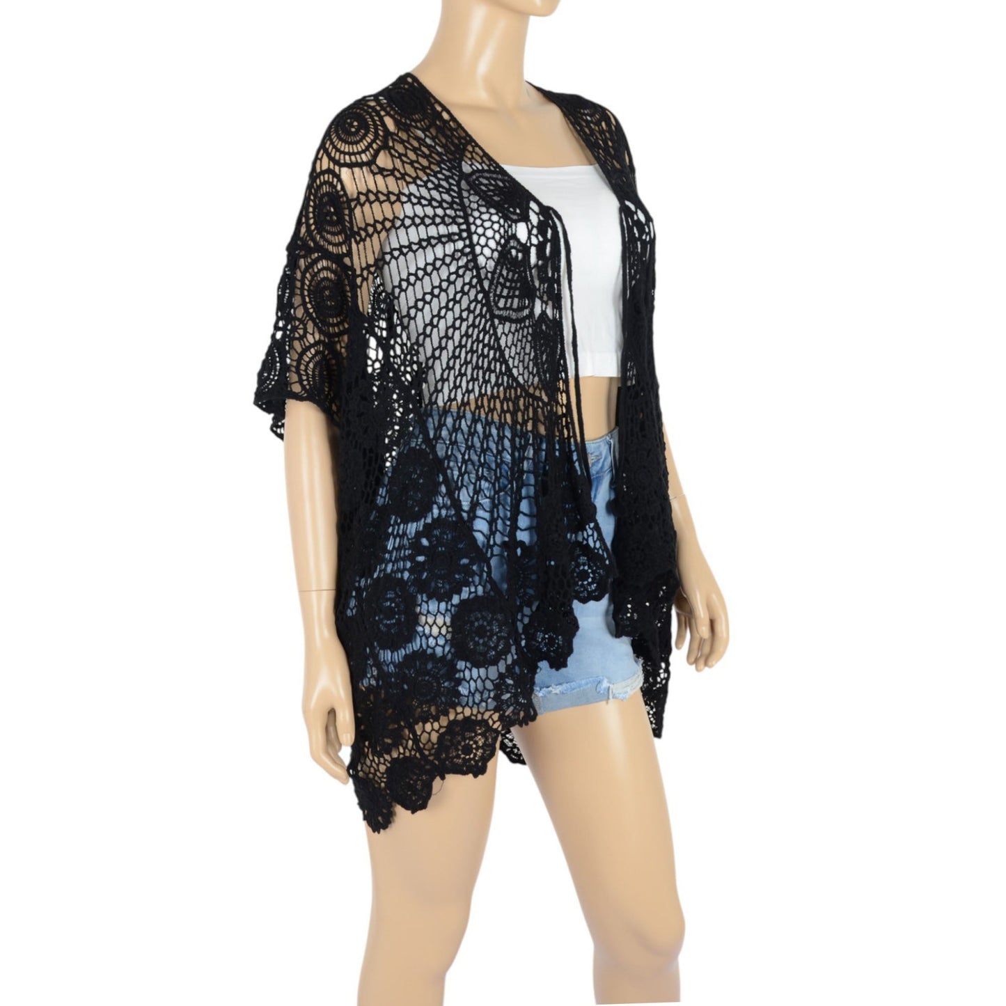 Open Front Crochet Cover-Up with Floral Pattern and Short Sleeves