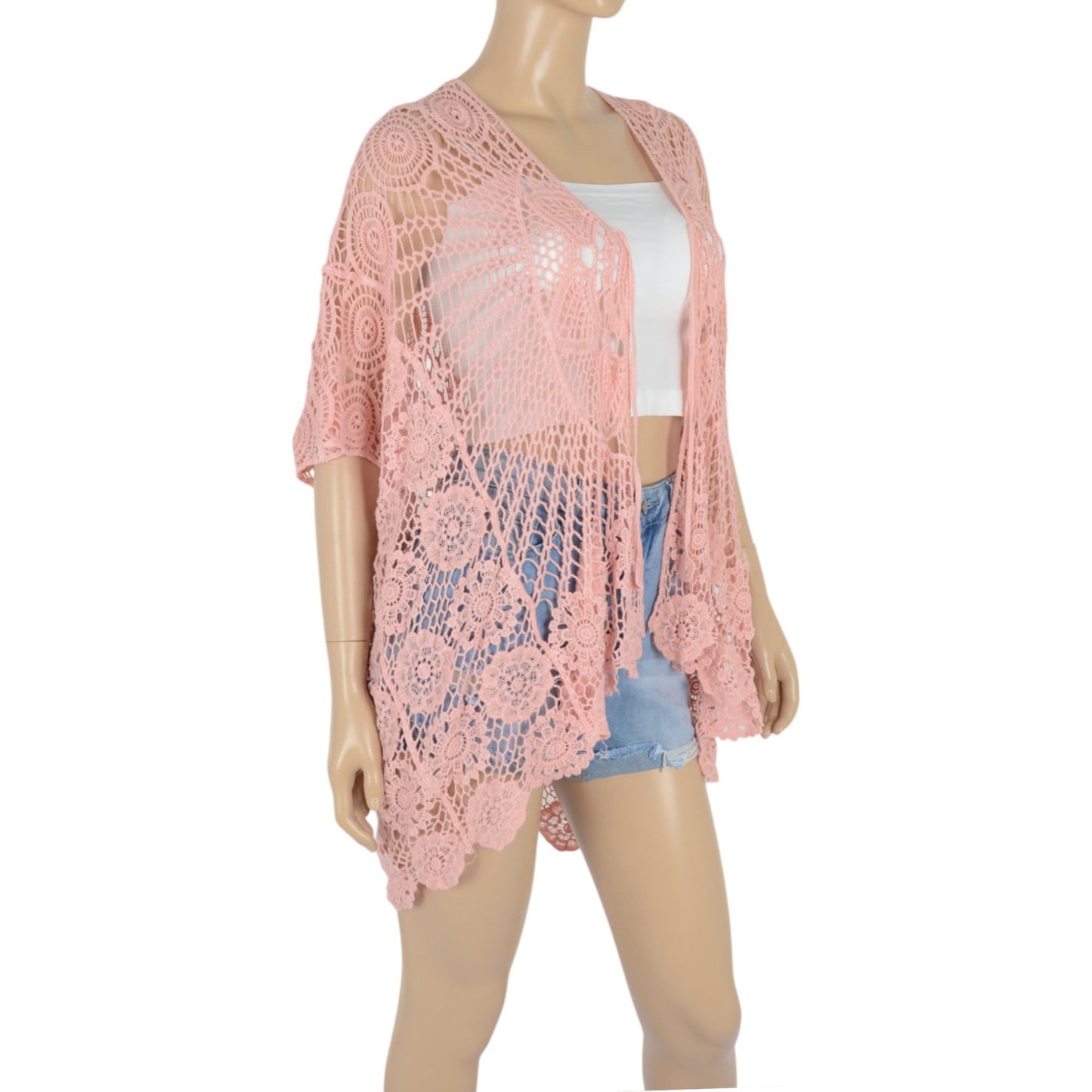 Open Front Crochet Cover-Up with Floral Pattern and Short Sleeves