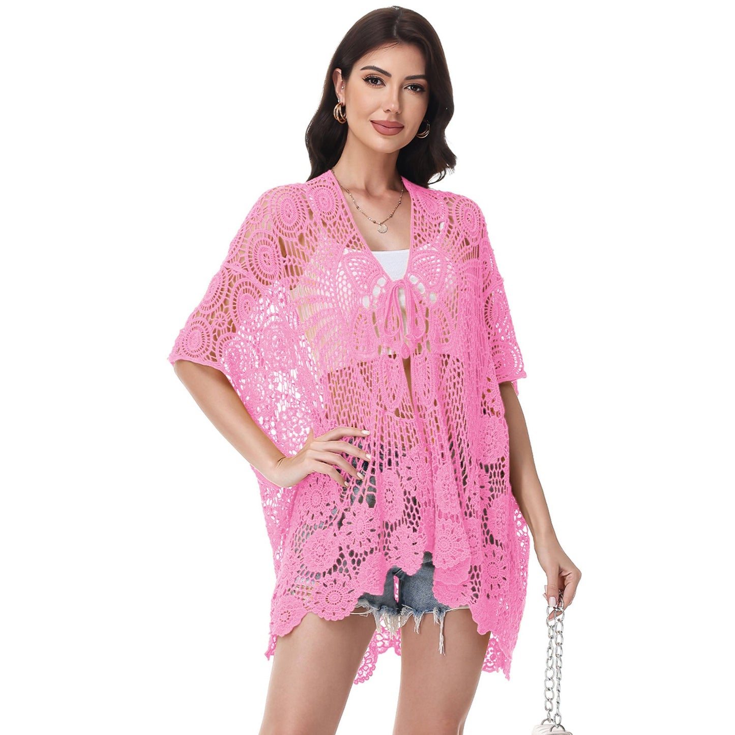 Open Front Crochet Cover-Up with Floral Pattern and Short Sleeves