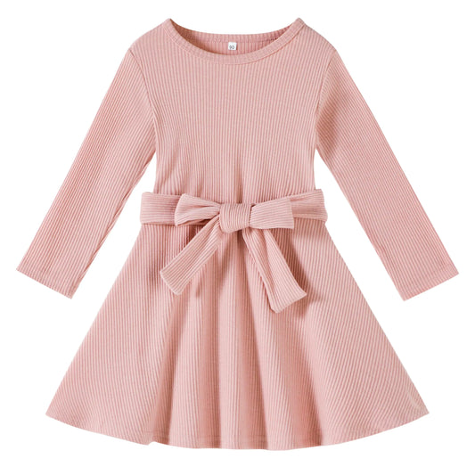 Kionio Toddler Dress Long Sleeve Baby Girl Knitted Sweater Dress Tie Waist Kids Fall-Winter-Swing Dresses-Casual Holiday - # GIAA211710008